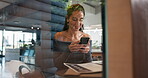 Break, employee and woman with smartphone, texting and funny post on social media, laughing or tech. Happy, account manager and mature person with mobile app for chat, smile and privacy of cubicle