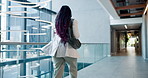 Late, business woman and running in office for meeting appointment, rush and time management fail. Back, professional employee and hurry in corridor for interview, morning delay and moving at speed