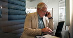 Business, phone call and man in cafe, laptop and communication with investment. Mature person, customer and entrepreneur with cellphone, tech and discussion with online trading, app and budget report