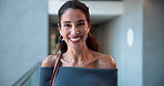 Happy, laugh and face of businesswoman in office with confidence for creative career growth. Smile, positive attitude and portrait of female journalist from Canada with pride for job in workplace.