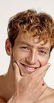 Skincare, happy and face of man in studio with health, wellness and facial grooming. Confident, hygiene and portrait of male person from Australia with dermatology for hydration by white background.