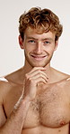 Face, skincare and smile of shirtless man in studio for masculine health, hygiene or wellness. Aesthetic, beauty and body with happy or muscular model on white background for cosmetics or dermatology