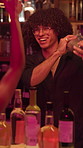 Happy man, bartender and mixing with drink in nightclub for customer service, bar show or skill. Male person, barman or mixologist with shaker or making concoction for brewery, cocktail or mixture