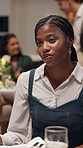 Woman, listen and conflict on date at restaurant for discussion, romantic dinner and past drama. Disappointed, person and talk to partner for disagreement, anniversary mistake and chat of fine dining