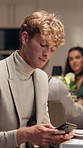 Man, waiting or delay with phone in restaurant for dining, date or checking response. Male person, customer or text with mobile smartphone or time for schedule rendezvous or late dinner reservation