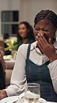 Happy woman, laughing and funny joke with date in restaurant for fine dining or rendezvous. Female person, customer or guest chatting with humor or smile for romantic dinner, conversation or comedy