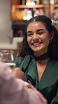 Smile, woman and cheers with alcohol at restaurant for date, celebration and anniversary event. Happy, couple and toast wine with partner for congratulations, romantic dinner and chat for fine dining