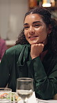 Smile, woman and talking on date at restaurant of discussion, romantic dinner and bonding together. Happy, couple and speaking to partner, anniversary occasion and fine dining at hospitality industry
