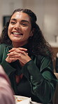 Smile, woman and listen on date at restaurant for discussion, romantic dinner and bonding together. Happy, couple and talking to partner, anniversary occasion and fine dining at hospitality industry