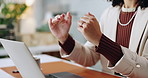 Hands, laptop and video call with business woman in office to explain idea to webinar audience. Computer, virtual meeting and vision with corporate employee at desk in workplace for online discussion