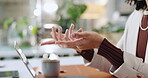Hands, laptop and webinar with business woman in office to explain idea for virtual meeting. Computer, video call and vision with corporate employee at desk in workplace for online discussion