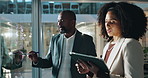 People, writing and glass with tablet in office for planning, ideas and finance comparison at night. Staff, team and notes with digital research, budget report and information for investment deadline