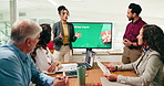 Office, presentation and business people in meeting with graph for Christmas sales, feedback or review. Corporate, monitor and workers with chart, statistics and research for target in holiday season