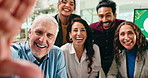 Face, group and selfie for Christmas in office, happy or photography for celebration and colleagues. Festive, party and profile picture for memory, people and team with smile for holiday and function