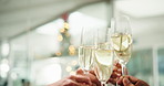 Hands, business and people with toast, champagne and success with investment, goals and achievement. Closeup, group and employees in workplace, alcohol and cheering with wine, congrats and victory