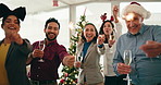 Business people, sparkler and dance at Christmas party in office with team, drinks and festive event. Men, women and excited with smile for champagne, lights and face with xmas celebration at agency
