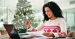 Fist pump, Christmas and laptop with business woman in office for documents, December report and success. Revenue proft, festive season review and paperwork with person in agency for employee bonus