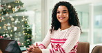 Woman, laptop and smile at Christmas in startup with face, feedback and typing report at media company. Person, computer and happy in portrait, xmas and festive clothes at creative agency in Brazil