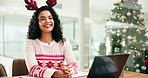 Woman, laptop and face at Christmas in office with smile, feedback and typing at finance company. Person, computer and happy in portrait at xmas with reindeer hat, report and solution in Brazil