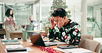 Stress, employee and man with headache, Christmas or accountant with pressure on holiday and online. Overtime, bookkeeper and person with workload in festive season, laptop and migraine in office