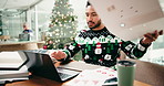 Man, notebook and frustrated with laptop, search and chaos at Christmas with paperwork at finance agency. Person, admin and book with documents, throw and pc with mess, stress or crisis at office