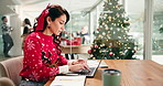 Christmas, writing and woman with typing on laptop for festive campaign, client email or planning. Marketing specialist, xmas and employee with documents for KPI statistics and tracking performance