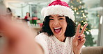 Happy, selfie and face of woman at christmas party in office for festive celebration, holiday or event. Peace sign, santa hat and portrait of person with photography picture for xmas season at agency