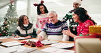 Christmas, party and business people in office, success and celebration with happiness. Xmas event, men and women in workplace, achievement and festive with holiday season, tradition or collaboration