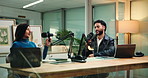 Woman, man and discussion for podcast with microphone,  podcast and questions for studio guest. People, host or artist with online radio show for album promotion, talk or live stream at media company