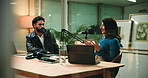 Woman, man and conversation for podcast with microphone, interview and questions for studio guest. People, host or musician with radio show for album promotion, smile and live stream at media company