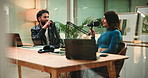 Laptop, podcast or talkshow with people in studio together for conversation or discussion. Broadcast, computer and social media with influencer team on radio for journalism, production or streaming