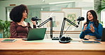 Women, podcast and discussion for interview with microphone, platform or questions for studio guest. Person, presenter or host with smile for recording, radio show and live streaming at media company