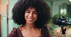 Happy, face and black woman with mic in studio for podcast, broadcast and interview for talk show. Content creation, streamer and portrait of person smile for hosting, radio presenter and recording