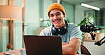 Laptop, face and man with mic in studio for podcast, broadcast and interview for talk show. Content creation, portrait and happy person with computer for hosting, radio presenter and recording