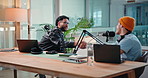 Handshake, podcast and men in studio, interview or laptop with communication, live streaming or talk. People, friends or radio host with pc, microphone or guest with content creation or shaking hands