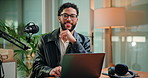 Happy, laptop and face of man with mic in studio for podcast, broadcast and interview for talk show. Content creation, portrait and person with computer for hosting, radio presenter and recording