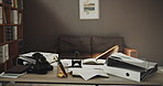 Business, table and setup with documents in office for bookkeeping, folder and unorganised. Paperwork, equipment for company information, finance management and audit portfolio in empty workspace