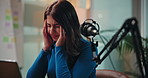 Woman, headache and stress with mic for podcast, tired or deadline for recording at media company. Person, speaker or host for web show with migraine, pain and fatigue with burnout at creative agency