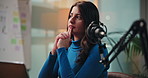 Woman, thinking and laptop at studio for podcast, content creation and review at media company. Person, presenter or host for radio show with decision, mic and typing with script editing at agency
