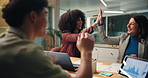 Night, business people and high five in office for success, talk and celebrate investment increase. Happy group, teamwork and hands together for financial growth, performance chart and working late