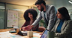 Night, business people and brainstorming on laptop with graphs for investment discussion. Late, analysis or group with computer in meeting for financial planning, training or help with data in office