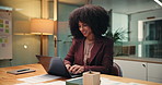 Business, woman and typing on laptop at night for internal auditing, tax preparation and deadline. Accountant, overtime and african person in office for payroll management, financial report and email