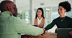 Business people, meeting and handshake in office, tablet or job interview with recruitment. Employees, shaking hands or human resource management with hiring, opportunity or onboarding with thank you