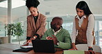 Teamwork, laptop and planning with business people in office for meeting, investment solution and project. Research, digital report and budget progress with employees for partnership and review