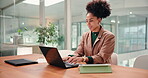 Typing, employee and woman with laptop, office and policy updates on company website, HR and online. Research, info and African person with tech for administration, plan and review of digital report