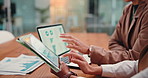 Tablet screen, hands and business people in meeting with graphs, investment or stock market. Laptop, team and women planning with chart for financial trading, scroll or performance analysis in office