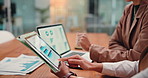 Tablet screen, hands and business people with discussion for chart, investment and data. Laptop, team talk and planning with graphs in meeting for financial review, stats or risk management in office
