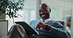 Happy, employee and man with tablet, office or therapist with research for treatment plan or online. Healthcare, psychologist and black person with tech for telehealth, smile and browsing on website