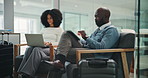 Lobby, suitcase and business people on tech in airport for travel schedule, internet and online booking. Professional, work trip and man with woman waiting for departure, boarding call and flight