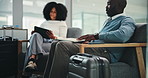 Airport, business people and luggage in lounge, tablet and relax with social media, app and internet. Employees, tourism and travellers with technology, connection and suitcase with global journey